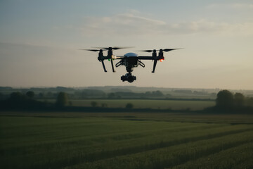 Fototapeta na wymiar Agricultural drone flies to spray fertilizer in sweet corn fields, terrain scanning technology, AI