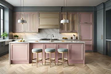 Fototapeta na wymiar Kitchen interior with wooden floors, marble countertops and pink cabinets with built-in appliances. A marble bar stands with stools in the foreground. 3d rendering mock up. Modern kitchen interior.