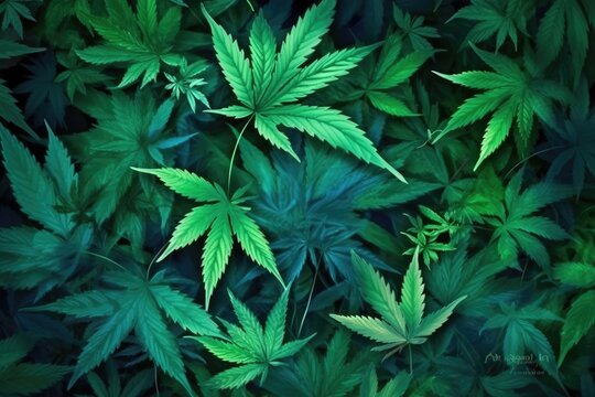 Beautiful background green cannabis leaves. Alternative herb medicine. Generative AI