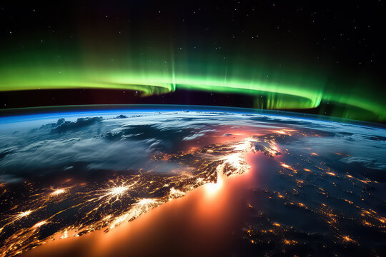 Northern lights on planet Earth. Starry sky with polar lights, Aurora borealis. AI