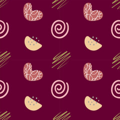 Seamless Pattern with abstract boho elements swirl, blob, heart. Various shapes isolated on dark background. Warm boho element.