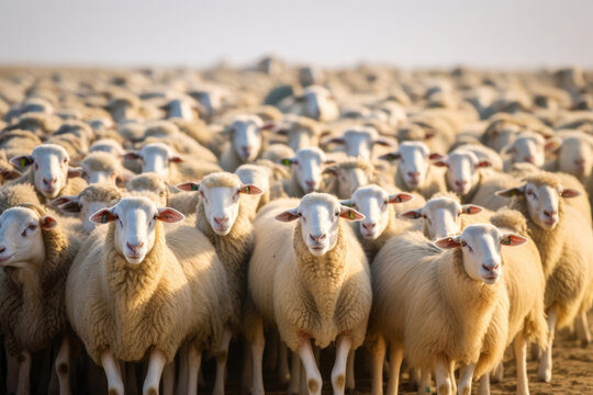 Sheep Flock Grazing. Generative AI