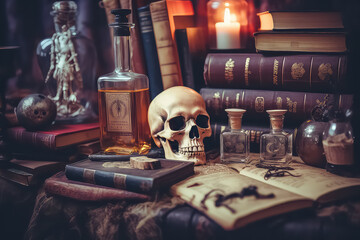 Medieval alchemy laboratory with various flasks and old books during halloween, AI