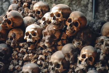 Collection of skulls and bones covered with cobwebs and dust in the catacombs , AI
