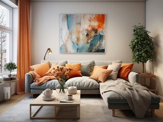 Cozy serene studio apartment with orange sofa interior design of modern living room generative ai