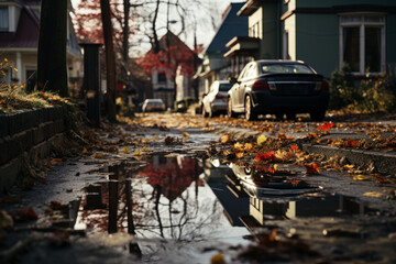 Autumn city rainy landscape, orange golden foliage, fall wallpaper, AI Generated