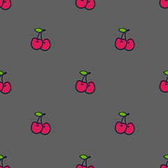 Cherry seamless pattern on gray background. Red ripe berries and green leaves. Vector illustration in cartoon flat style.