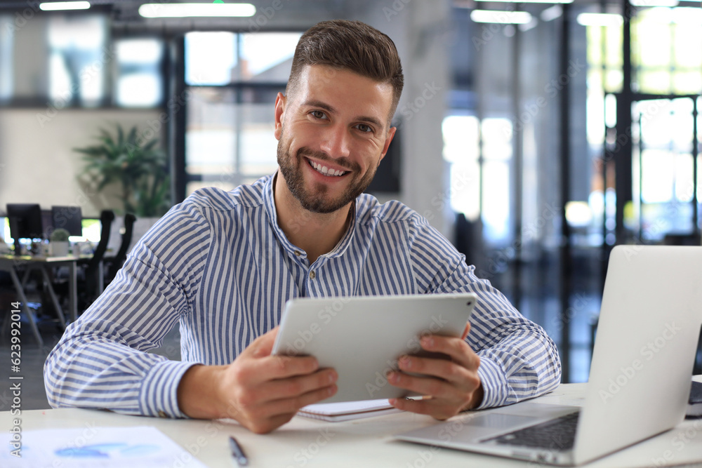 Wall mural Happy young business man is analizing financial documents in a modern office.