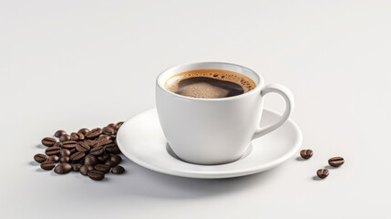 Fototapeta premium White cup with black coffee on a background of coffee beans. Generative AI