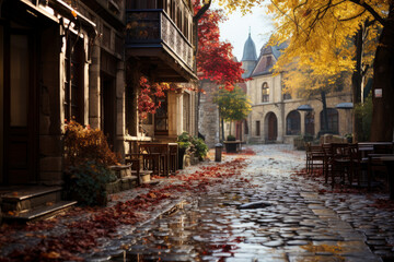 Fototapeta na wymiar Autumn city rainy landscape, orange golden foliage, fall wallpaper, AI Generated