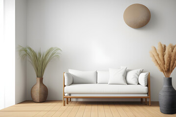 Japanese minimalist style living room interior wall mockup with caned console, wicker basket lamp and dried pampas grass in ceramic vase on blank warm white background. 3d rendering. Template.
