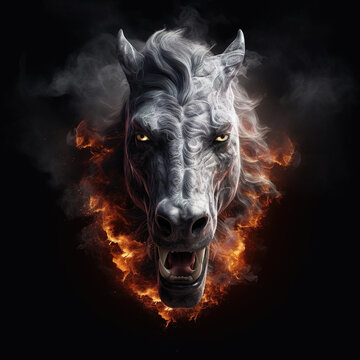 Image of angry horse face and flames on dark background. Wildlife Animals. Illustration, Generative AI.