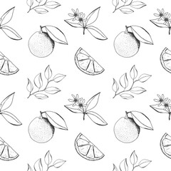 Seamless pattern with orange and orange slice, blossom engraved style background.