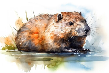 Watercolor painting of a beaver on a white background. Wildlife Animals. Illustration, Generative AI. - obrazy, fototapety, plakaty