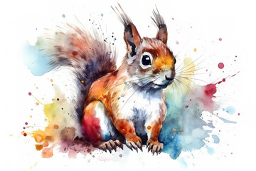 Watercolor painting of a squirrel on a white background. Wildlife Animals. Illustration, generative AI.