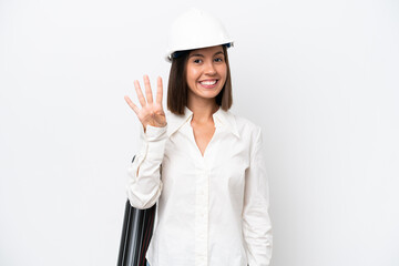 Young architect woman with helmet and holding blueprints isolated on white background happy and counting four with fingers