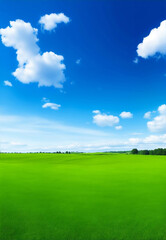 Green meadow and blue sky, Generative AI Illustration.