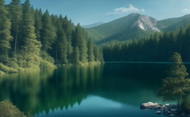 Green mountain lake surrounded by trees, Generative AI Illustration.