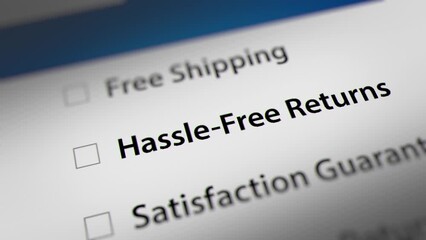 Online Shopping Advertisement-Promotion Focus on Hassle-Free Returns Option on Monitor Screen.
