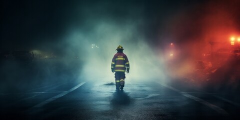 Fiery Resilience: A Lone Firefighter Battling Through the Fog, Generative AI
