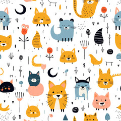 cute animals pattern seamless on white background. generative ai.