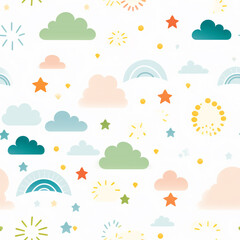 sky, rainbows, clouds and sun pattern seamless background. generative ai.