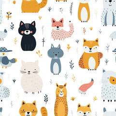 cute animals pattern seamless on white background. generative ai.