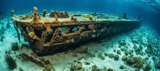 Fototapeta na wymiar Small boat wreck lying on deep ocean floor. Generative AI technology.