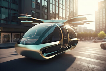 Generative AI. electric vertical takeoff vehicles.futuristic passenger transport. air taxi in street of town. eco-friendly, sustainable concept. 