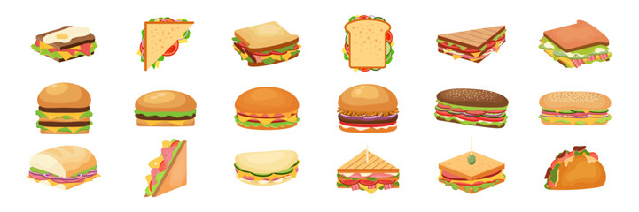 Burger, sandwich, hot dog and wrap Vector illustration set. Hamburger or cheeseburger snack fast food collections