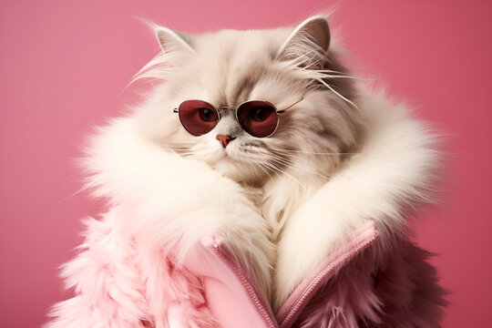  Generative AI. Humanised animals concept. funny character personage. humanized cat in fur jacket with pink glasses. fashion style