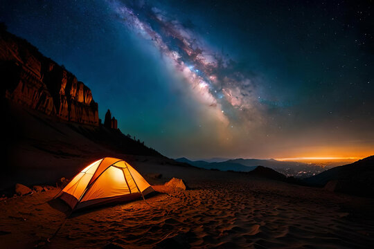 Tent in the mountains with lamp. Blue dark night sky with many stars above desert field. Milky way cosmos background