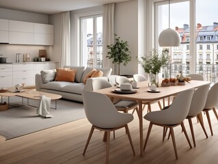 Fototapeta na wymiar Studio apartment with dining table and chairs interior design of modern living room generative ai