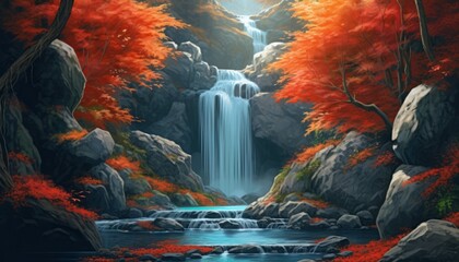 A massive cascading waterfall into a calm aqua pebble stream,forest with red leaves