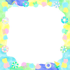 貝殻・くらげ・浮き輪・ヨットをちりばめた水彩っぽいテクスチャの爽やかな色合いのフレーム
