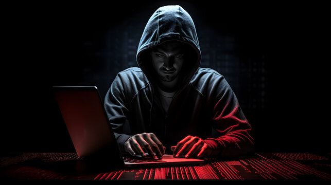 Hacker in the hood silhouette in the dark. Generative AI