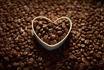 Fototapeta premium Heart shape coffee cup on wooden table with a coffee beans, Generative AI