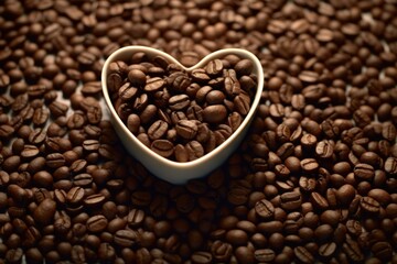 Fototapeta premium Heart shape coffee cup on wooden table with a coffee beans, Generative AI