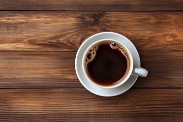 Top view of black coffee cup and beans on old kitchen table, Generative AI