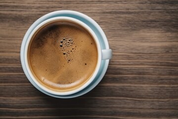 Top view of black coffee cup and beans on old kitchen table, Generative AI
