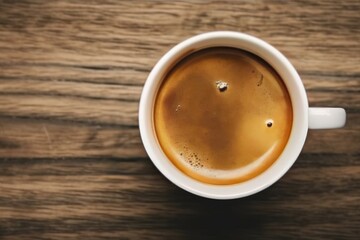 Top view of black coffee cup and beans on old kitchen table, Generative AI