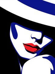 Profile of young beautiful fashion woman with hat, minimalism. Abstract female portrait, contemporary design, vector illustration