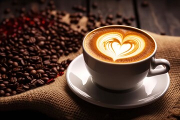 Cup of coffee latte with heart shape and coffee beans on old wooden background, Generative AI