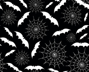 Halloween vector seamless background with bats in spider web - 623995437