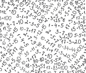 Educational vecor seamless pattern with handwritten simple mathematical equations and calculations. You can use any color of background