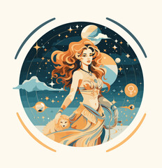 Retrograde planet Venus in Leo. Beautiful Venus girl with a lion on the background of the planets. Astrology, mythologyю. Vector © Maxim P