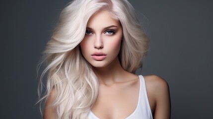 Fototapeta premium Beautiful young lady with extremely golden hair. A fashionable hairdo completed in a beauty salon. Fashion, cosmetics, and cosmetics