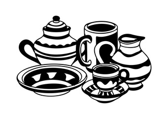 Coffee and tea in cups, mugs, bowls and teapot. Hot healthy drinks and winter warming beverages set. Fresh latte, matcha, cocoa, cappuccino. Flat vector illustration isolated on white background
