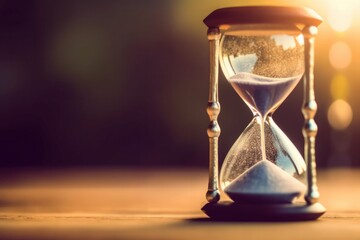 Close up view of hourglass stand on wooden home office, Generative AI