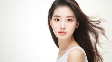 Beautiful young asian woman with clean fresh skin on white background, Face care, Facial treatment, Cosmetology, beauty and spa with generative ai